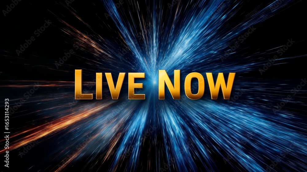 Aufkleber dynamic visual effect with live now text illuminated by cinematic lens flare and colorful light burs