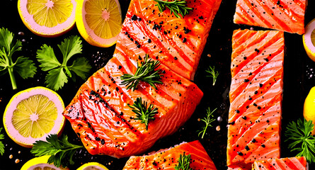 A close up of a grilled salmon fillet with herbs and lemon on a dark background plate