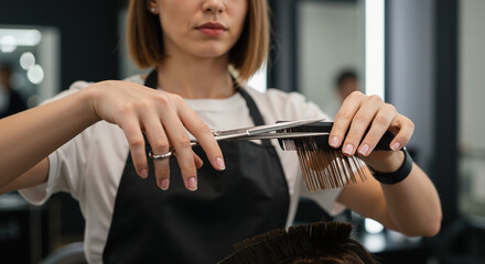 Female hairdresser cutting hair with scissors in salon