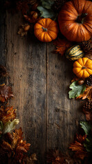 Rustic autumn harvest with pumpkins, gourds, and leaves on wooden table