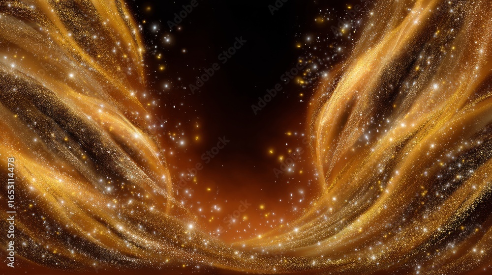 Poster enchanted golden flames mixed with sparkling particles creating a magical atmosphere