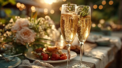 Outdoor dining at sunset with sparkling champagne glasses garnished with thyme, pink roses bouquet,