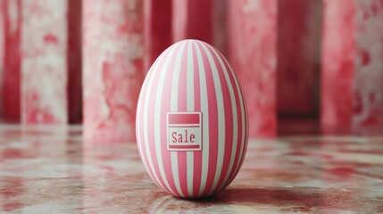 A pink and white striped ball with the word Sale written on it. The ball is sitting on a surface, possibly a table or counter. The image has a playful and festive mood, as the bright colors