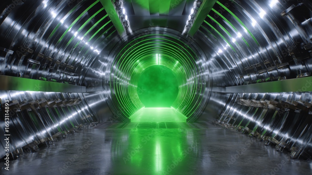 Poster futuristic alien vault door with glowing green light and metallic circular patterns in high-tech env