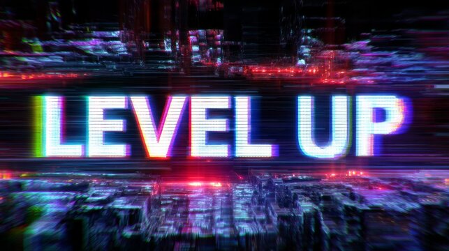 Digital Glitch Animation of 'Level Up' Text in a Futuristic Environment