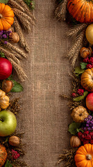 Autumn harvest arrangement with pumpkins, apples, and wheat on burlap backdrop