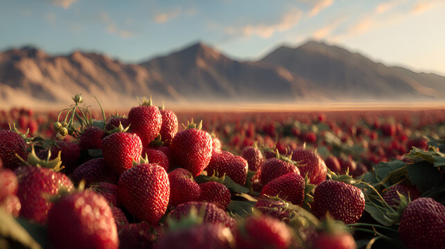 Strawberry Field: A vibrant landscape filled with fresh, red strawberries under a soft, sunny sky.