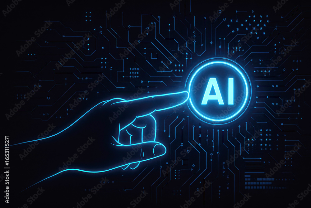 Poster finger pressing a glowing blue ai button on a dark circuit board background artificial intelligence
