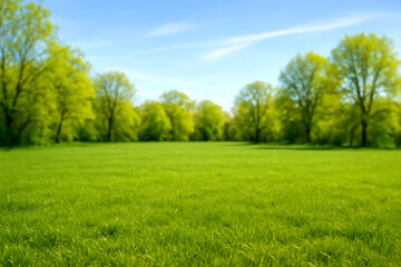 Obraz premium Expansive Green Field with Soft Focus Trees and Blue Sky grass meadow