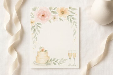 Elegant Watercolor Wedding Invitation Card Mockup with Cake and Champagne.