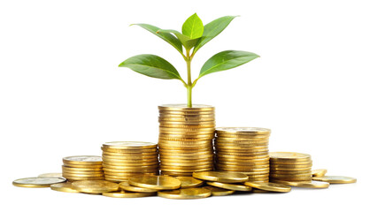 Stack of golden coins with a green sprout growing on top isolated on transparent background