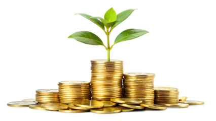 Stack of golden coins with a green sprout growing on top isolated on transparent background