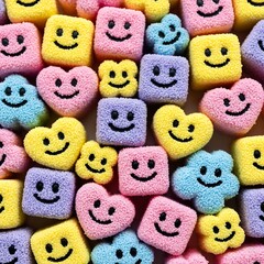 Colorful marshmallows with happy faces and hearts