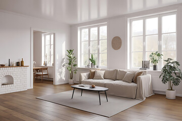 Fototapeta premium Elegant, modern living room design with natural light, a comfortable sofa, and lush plants, perfect for relaxation