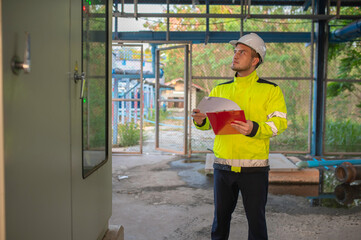 Electrical engineer man checking voltage at the Power Distribution Cabinet,preventive maintenance...