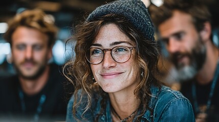 A woman with curly hair and a beanie, wearing glasses, smiling and looking at the camera, with two men in the background.