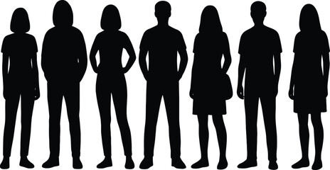 Black and white silhouette vector set of standing people in varied poses and styles, ideal for crowd, fashion, and lifestyle designs