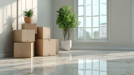 Moving day: Cardboard boxes and plants in a bright, sunlit room ready for the next phase.