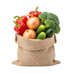 Fresh vegetables in a burlap sack isolated on transparent background