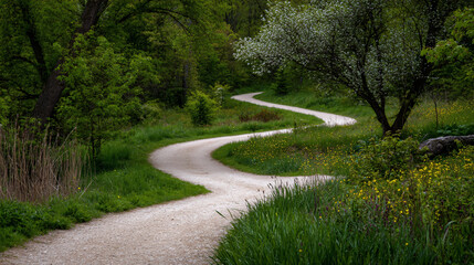 Obraz premium Winding Dirt Path Nature Greenery Trees Serene Peaceful Trail Spring Foliage Environment Garden Scenic Rural Yellow Flowers Growth Sunlight Hiking Journey Calm Wildflowers Curves Exploration