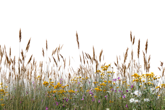 Dried grasses and wildflowers.  A horizontal array of tall, dried tan grasses with seed heads interspersed with various wildflowers in yellow, purple, and white