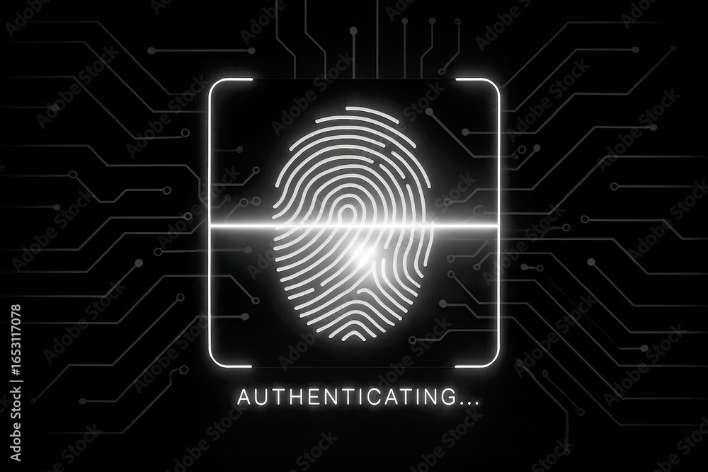 Poster fingerprint authentication scan with digital circuit board and text security