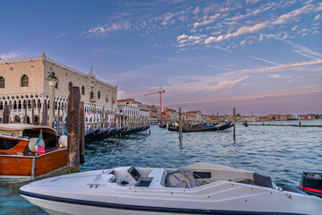 Gondolas moored near Doge’s Palace in Venice