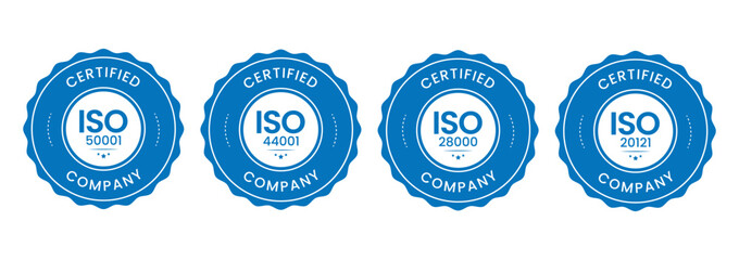 A set of four circular blue ISO certified company stamps