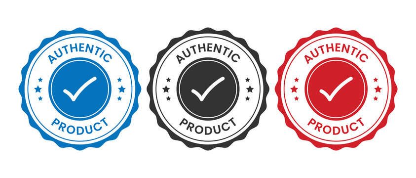 Three circular Authentic Product stamps with check marks in blue, black, and red