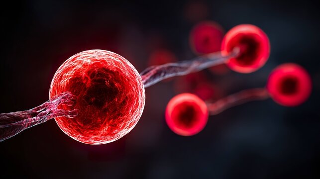 Glowing red cells under microscope