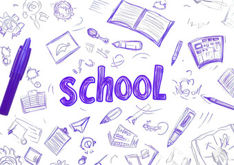 Purple hand drawn school supplies and word school isolated on transparent background