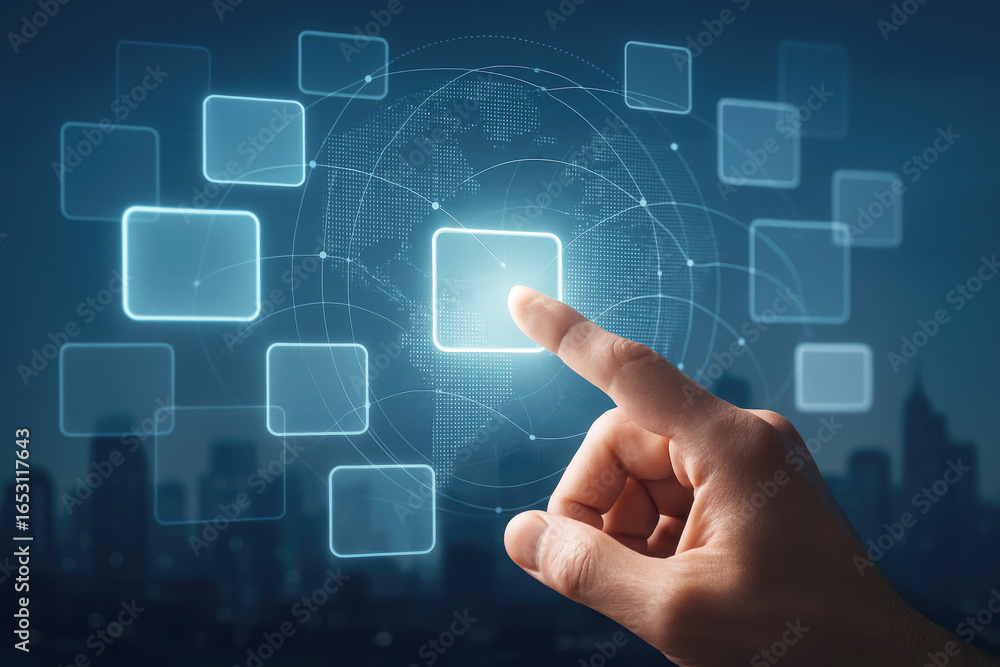 Poster hand interacting with futuristic digital interface showing world map and data technology touch