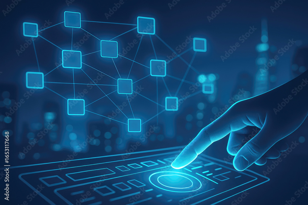 Poster hand touching a glowing button on a digital interface with a network diagram and city skyline image 