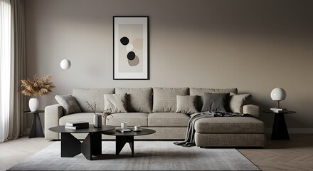 Contemporary Interior with L-Shaped Sofa, Geometric Coffee Table, and Neutral Color Palette in Modern Apartment