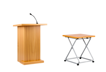 Wooden Podium and Table with Microphone - Conference Setup