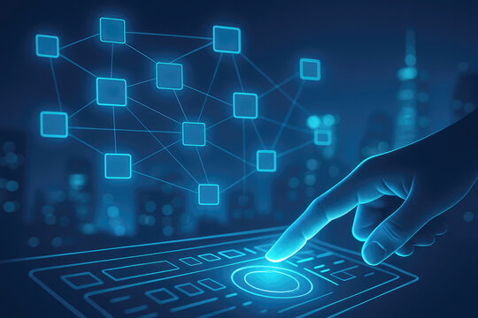 Hand touching a glowing button on a digital interface with a network diagram and city skyline image photo - Powered by Adobe