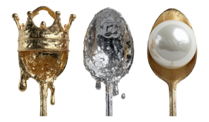 Three Unique Objects in Gold, Silver, and White Colors on Clear Background