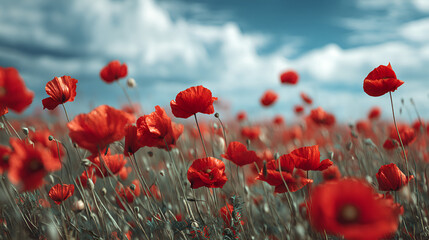 Fototapeta premium Field of vibrant red flowers under a cloudy sky, creating a striking contrast in nature's beauty.