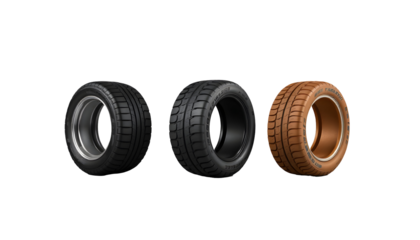 Set of three tires with distinct designs and finishes for automobiles