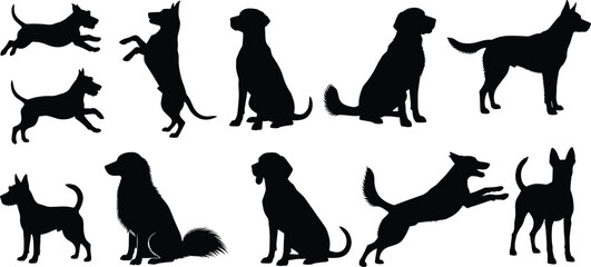 Black dog silhouette vector set with ten unique poses for pet, animal, canine, domestic, and graphic design projects
