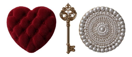 Isolated Red Heart, Vintage Key, and Decorative Round Object on Transparent Background