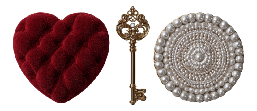 Isolated Red Heart, Vintage Key, and Decorative Round Object on Transparent Background - Powered by Adobe