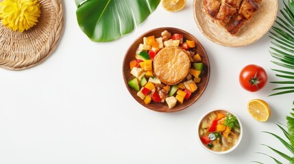 A vibrant fruit salad with grilled cheese on a wooden plate is surrounded by tropical greenery and refreshing citrus on a clean, bright white background.