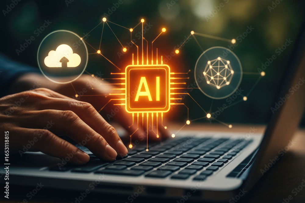 Poster person typing on laptop with ai chip and cloud data network visualization artificial intelligence te