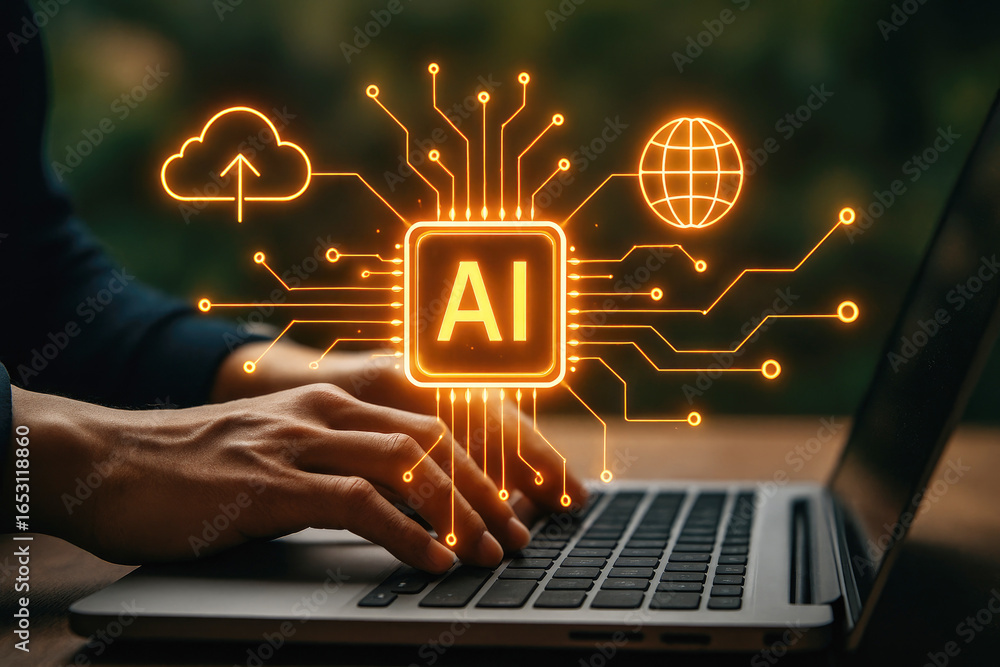 Poster person using laptop with ai chip and global network visualization artificial intelligence technology