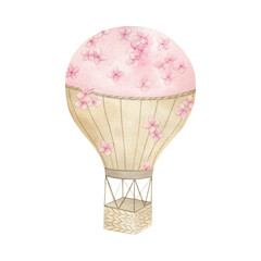 Watercolor  print with hot air balloon. Hand drawn cute  illustration on white background