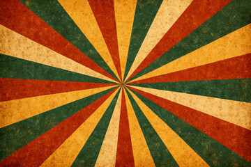 Retro Sunburst Background with Red Green and Yellow Rays on Textured Grunge Paper pattern
