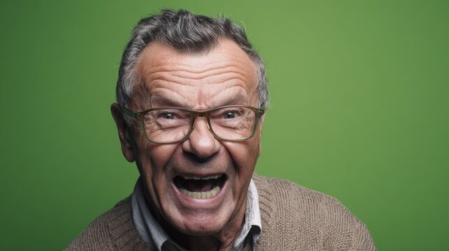 An older man with a broad smile and prominent facial expressions laughs joyfully,