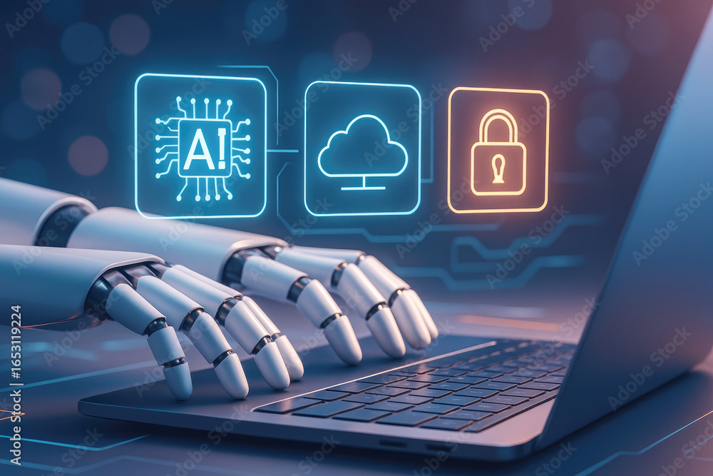 Poster robotic hands interact with a laptop displaying ai cloud and security icons with orange lock artific