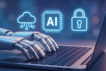 Robotic hands typing on a laptop with AI cloud and security icons glowing in neon blue artificial intelligence